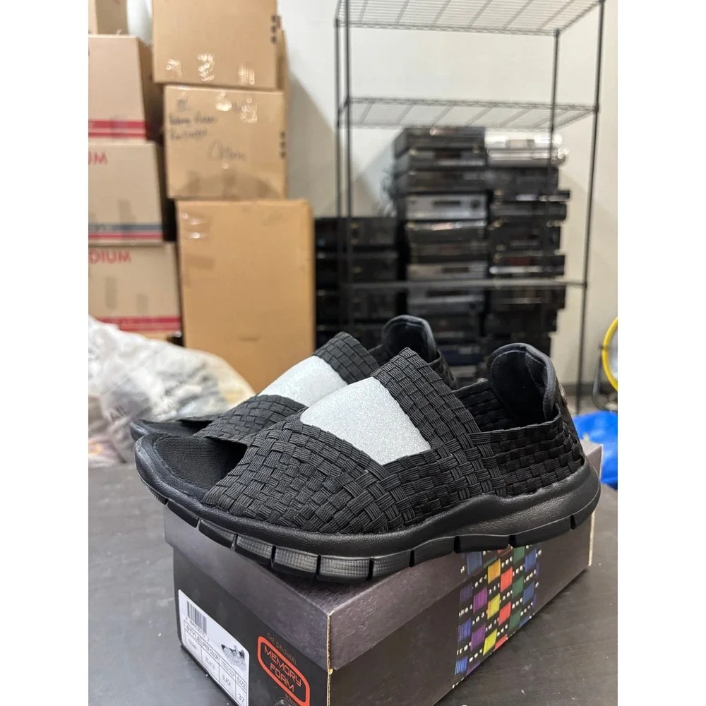 Bernie Mev Comfi Black Woven Elastic Memory Foam Sandals Size 37 US 6-6.5